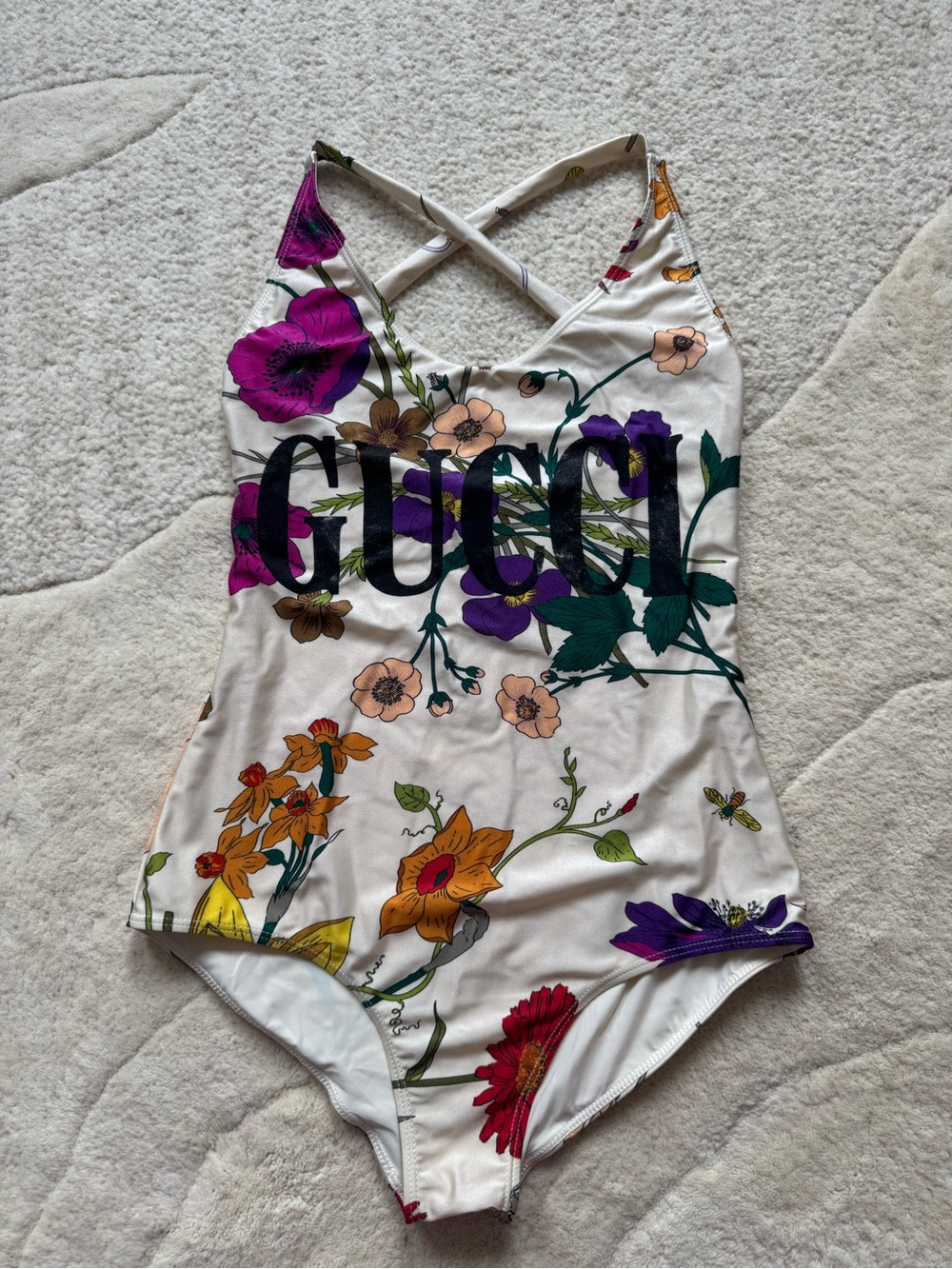Gucci White Floral Woman One-Piece with Multicolor Blooms